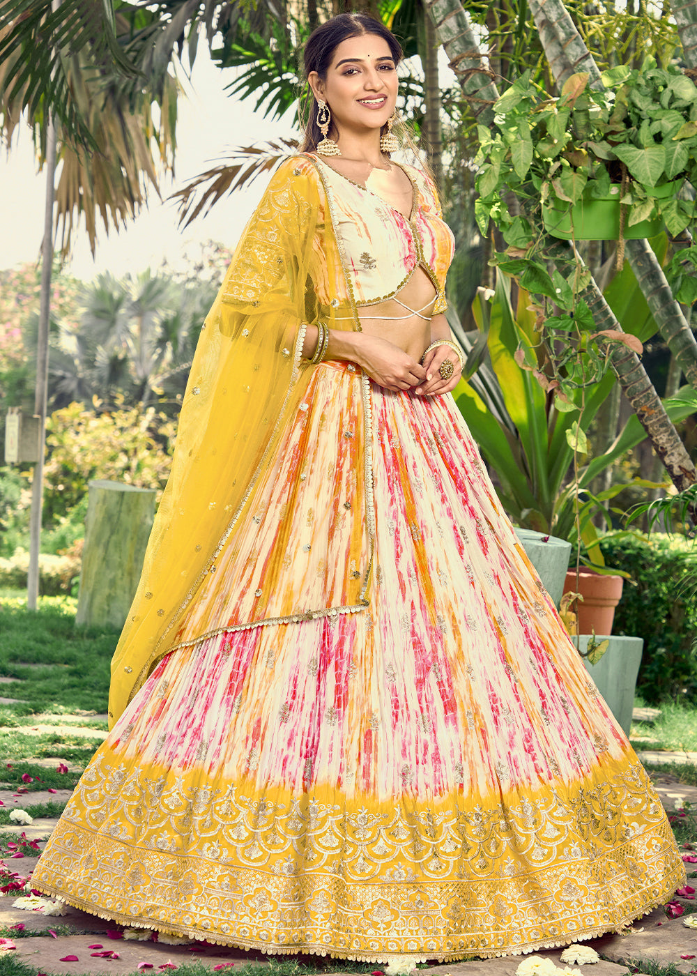 Shades Of Yellow & Pink Chinon Silk Lehenga Choli with Zari Embroidery & Sequins work