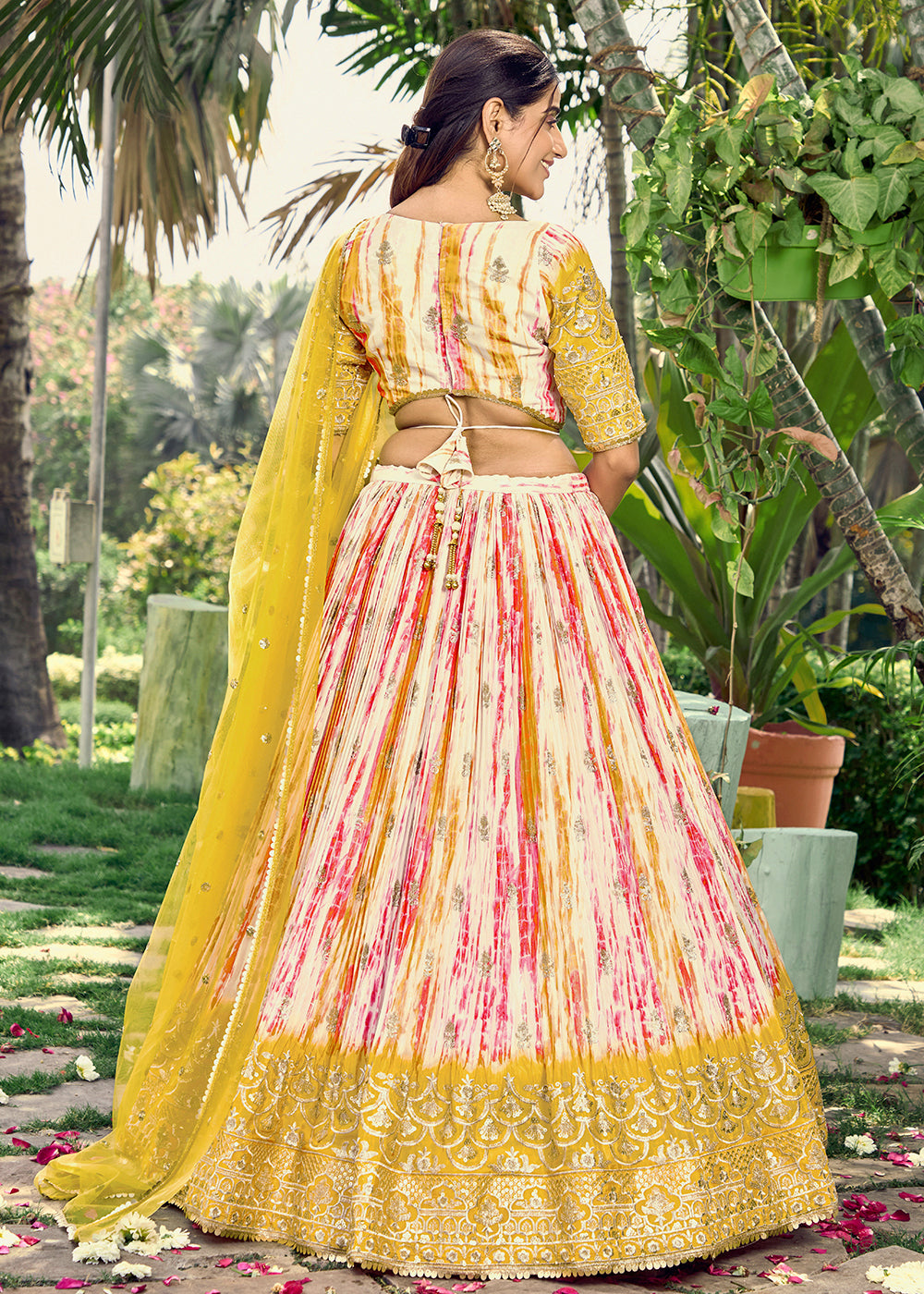 Shades Of Yellow & Pink Chinon Silk Lehenga Choli with Zari Embroidery & Sequins work