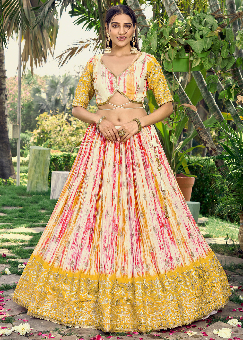 Shades Of Yellow & Pink Chinon Silk Lehenga Choli with Zari Embroidery & Sequins work