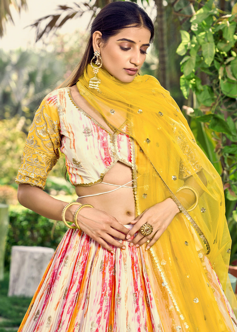 Shades Of Yellow & Pink Chinon Silk Lehenga Choli with Zari Embroidery & Sequins work