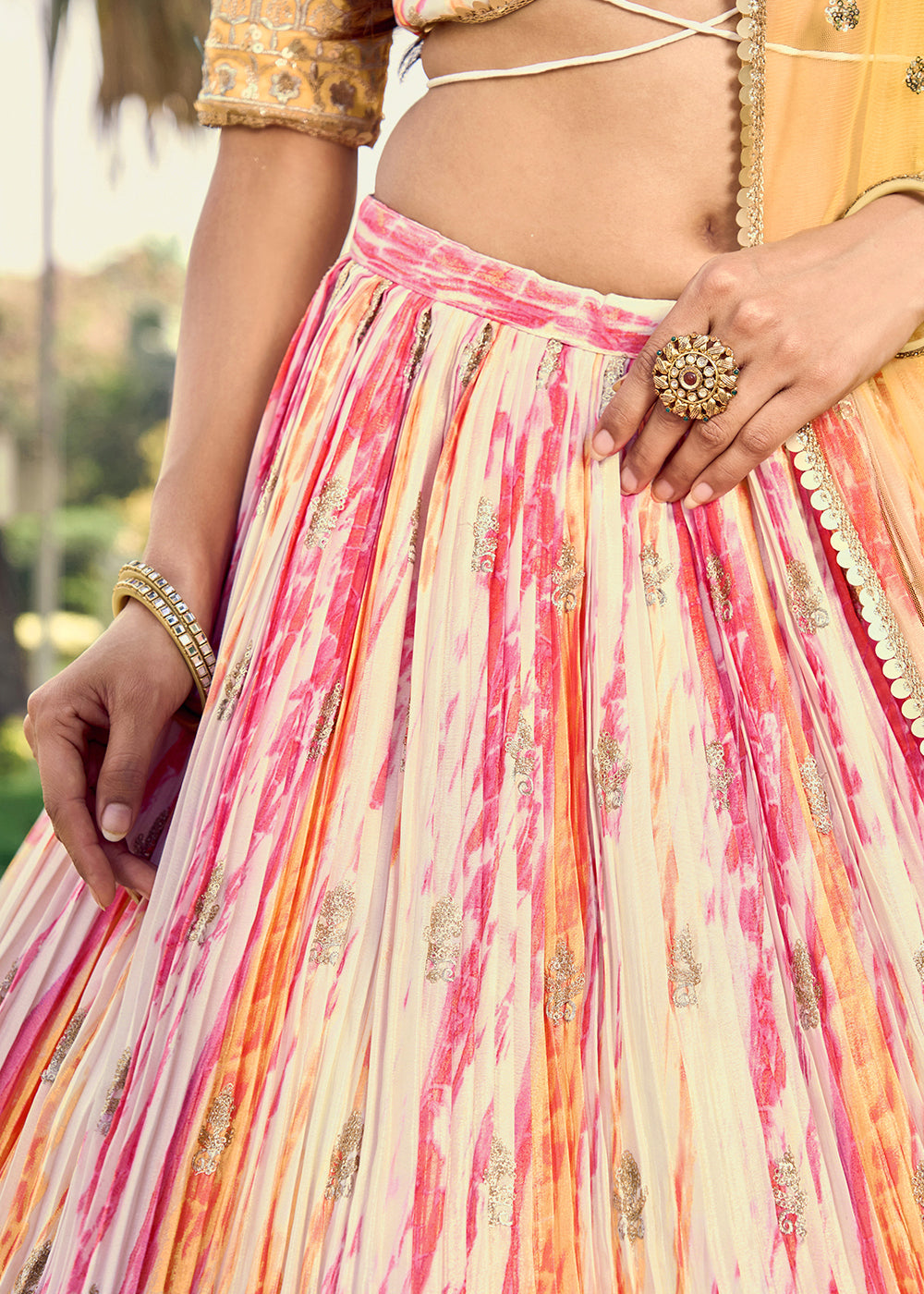 Shades Of Yellow & Pink Chinon Silk Lehenga Choli with Zari Embroidery & Sequins work