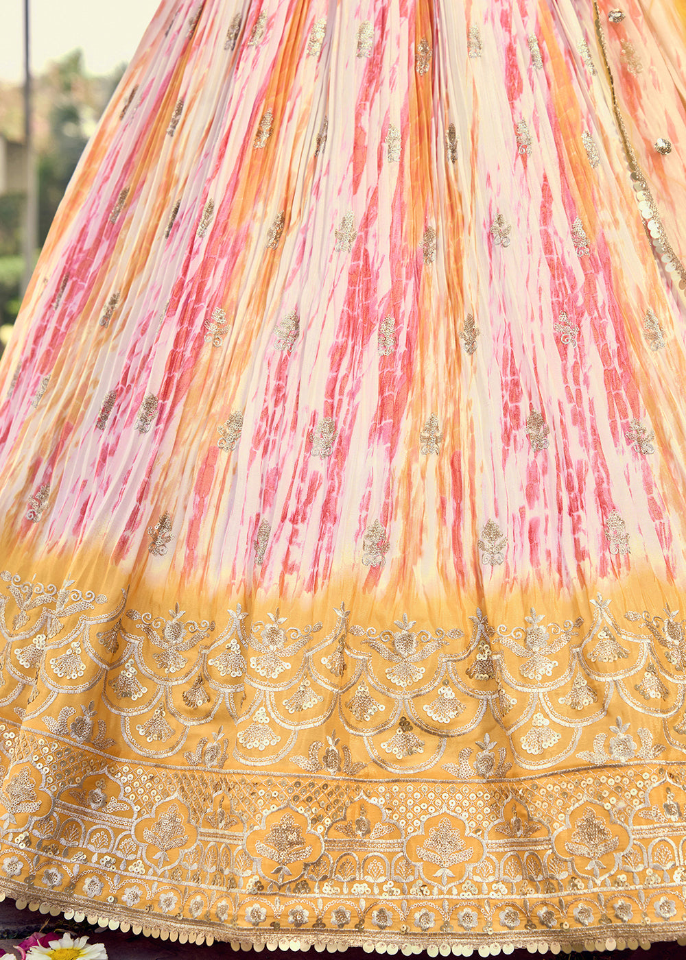 Shades Of Yellow & Pink Chinon Silk Lehenga Choli with Zari Embroidery & Sequins work