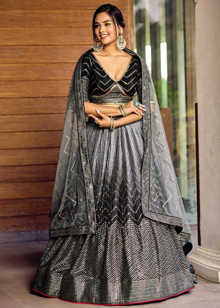 Pebble Black Chinon Silk Lehenga Choli with Thread Embroidery & Sequins work