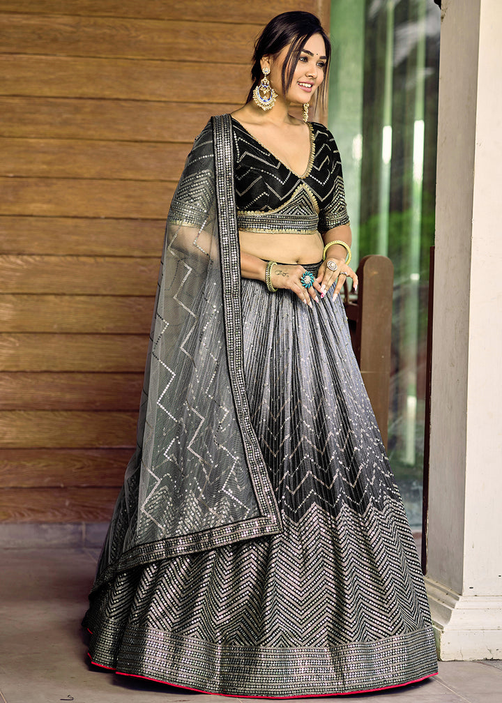 Pebble Black Chinon Silk Lehenga Choli with Thread Embroidery & Sequins work