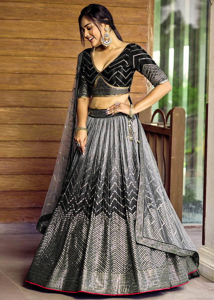 Pebble Black Chinon Silk Lehenga Choli with Thread Embroidery & Sequins work