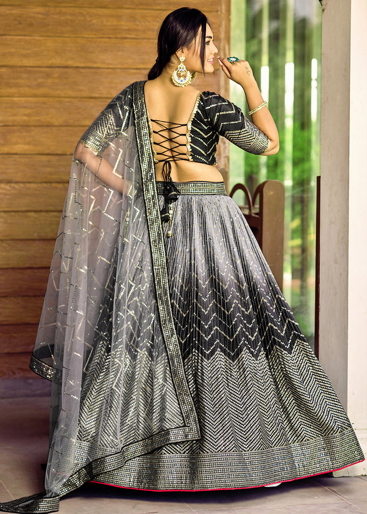 Pebble Black Chinon Silk Lehenga Choli with Thread Embroidery & Sequins work