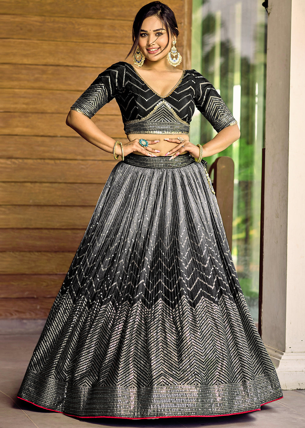 Pebble Black Chinon Silk Lehenga Choli with Thread Embroidery & Sequins work