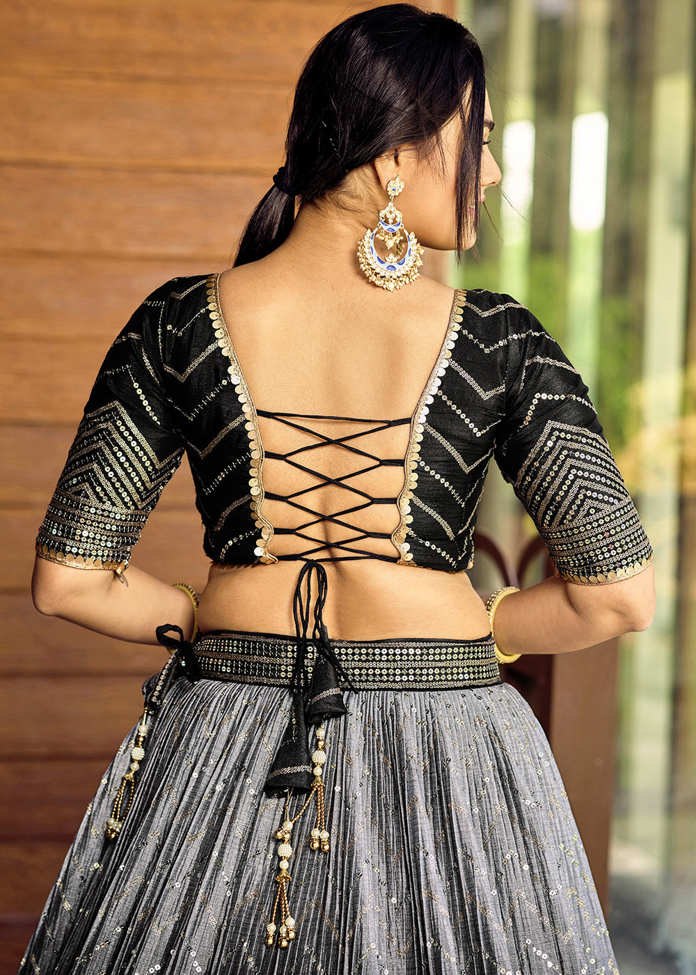 Pebble Black Chinon Silk Lehenga Choli with Thread Embroidery & Sequins work