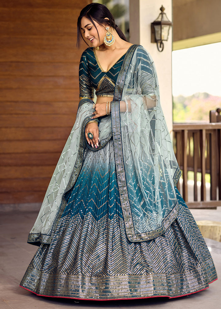 Shades Of Blue Chinon Silk Lehenga Choli with Thread Embroidery & Sequins work