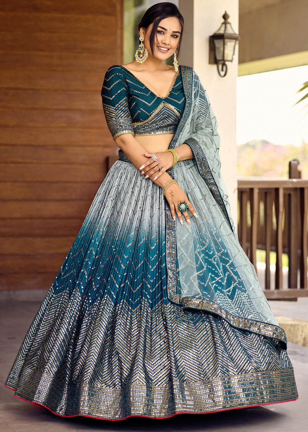 Shades Of Blue Chinon Silk Lehenga Choli with Thread Embroidery & Sequins work