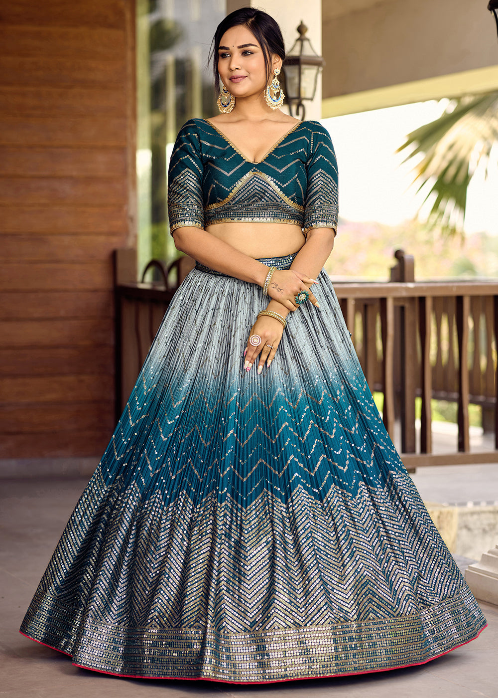 Shades Of Blue Chinon Silk Lehenga Choli with Thread Embroidery & Sequins work