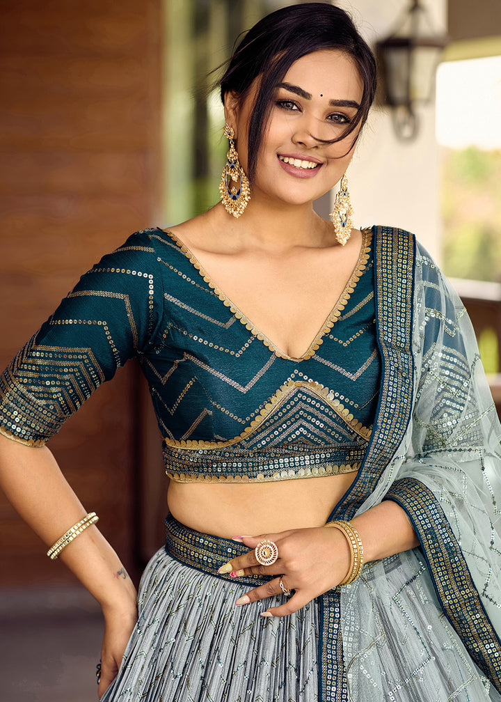 Shades Of Blue Chinon Silk Lehenga Choli with Thread Embroidery & Sequins work