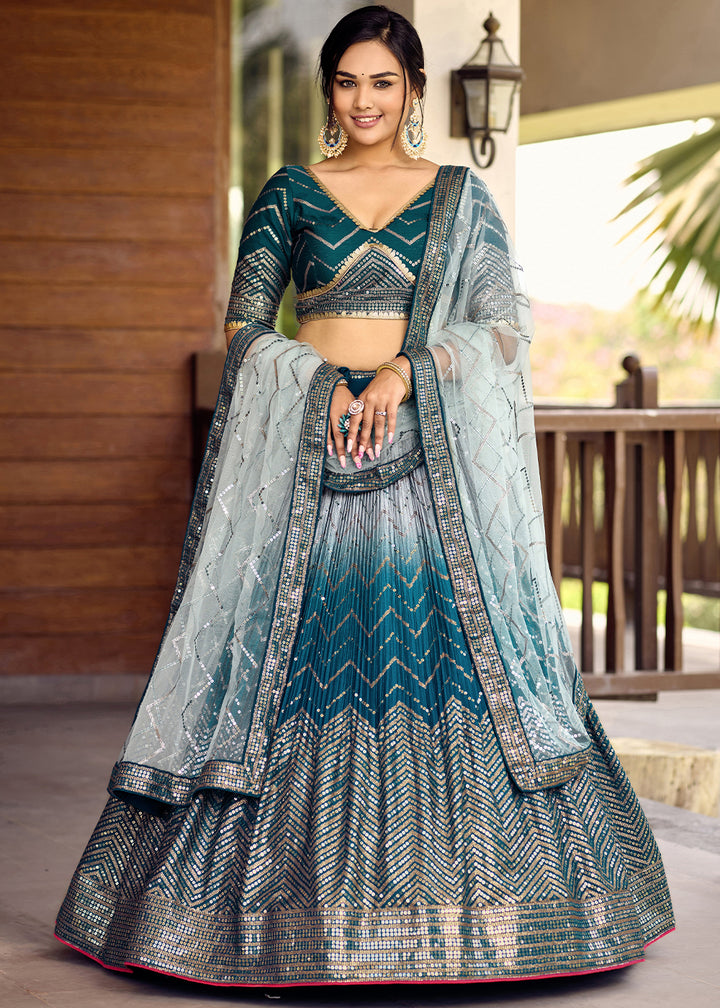 Shades Of Blue Chinon Silk Lehenga Choli with Thread Embroidery & Sequins work