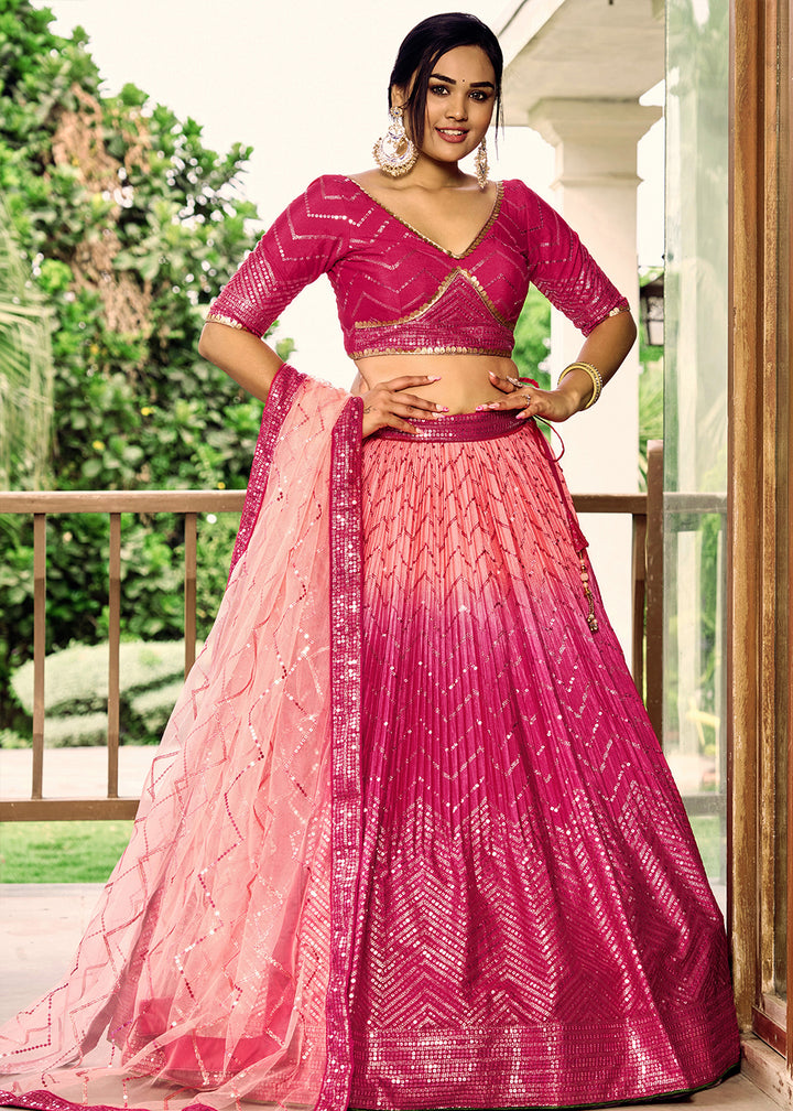 Magenta Pink Chinon Silk Lehenga Choli with Thread Embroidery & Sequins work