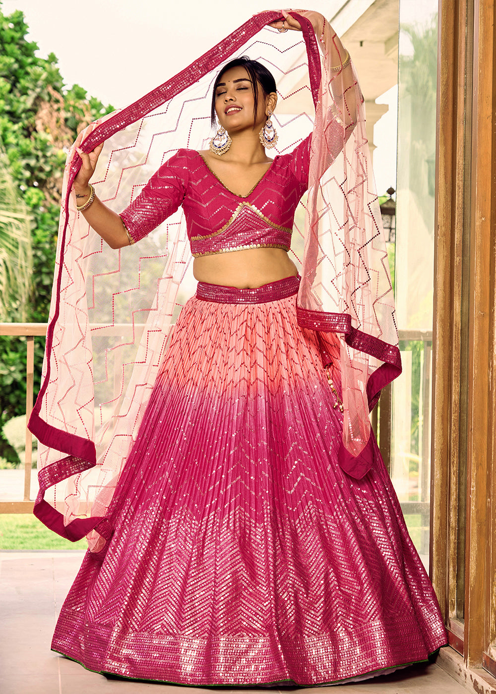 Magenta Pink Chinon Silk Lehenga Choli with Thread Embroidery & Sequins work