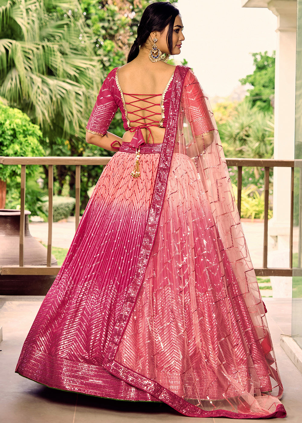 Magenta Pink Chinon Silk Lehenga Choli with Thread Embroidery & Sequins work