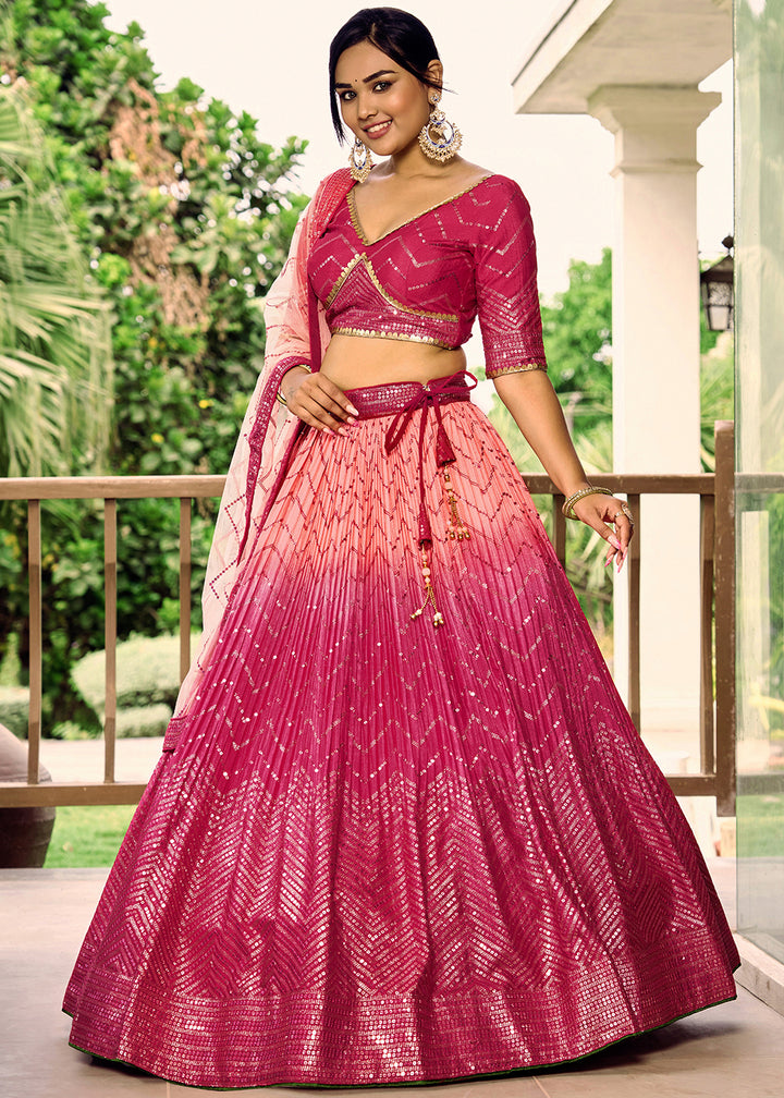 Magenta Pink Chinon Silk Lehenga Choli with Thread Embroidery & Sequins work