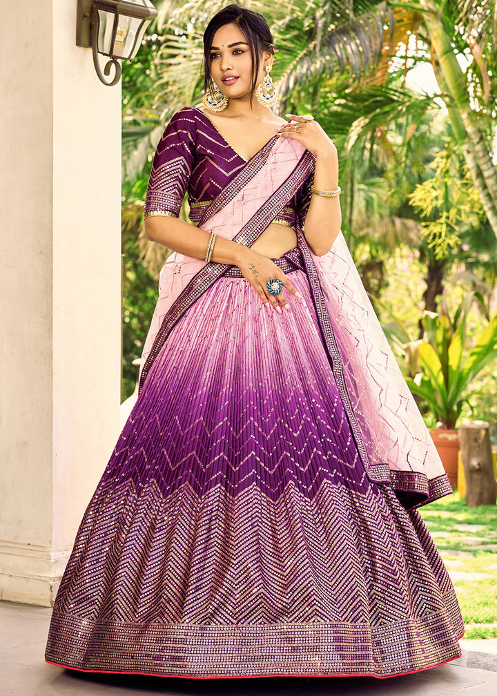 Shades Of Purple Chinon Silk Lehenga Choli with Thread Embroidery & Sequins work