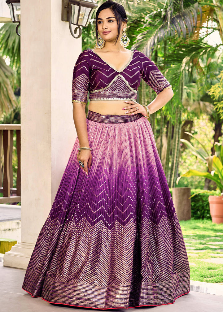 Shades Of Purple Chinon Silk Lehenga Choli with Thread Embroidery & Sequins work