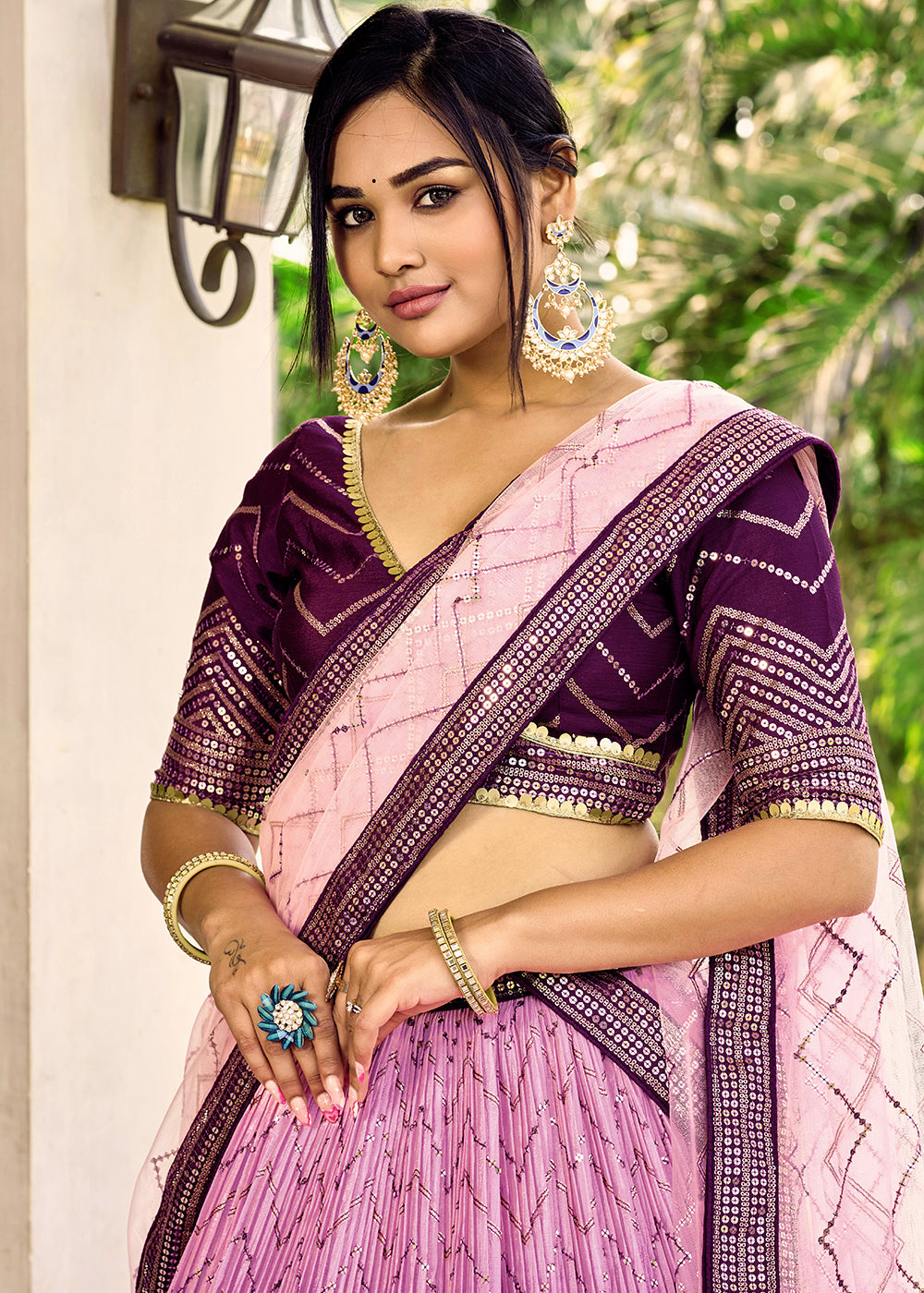 Shades Of Purple Chinon Silk Lehenga Choli with Thread Embroidery & Sequins work