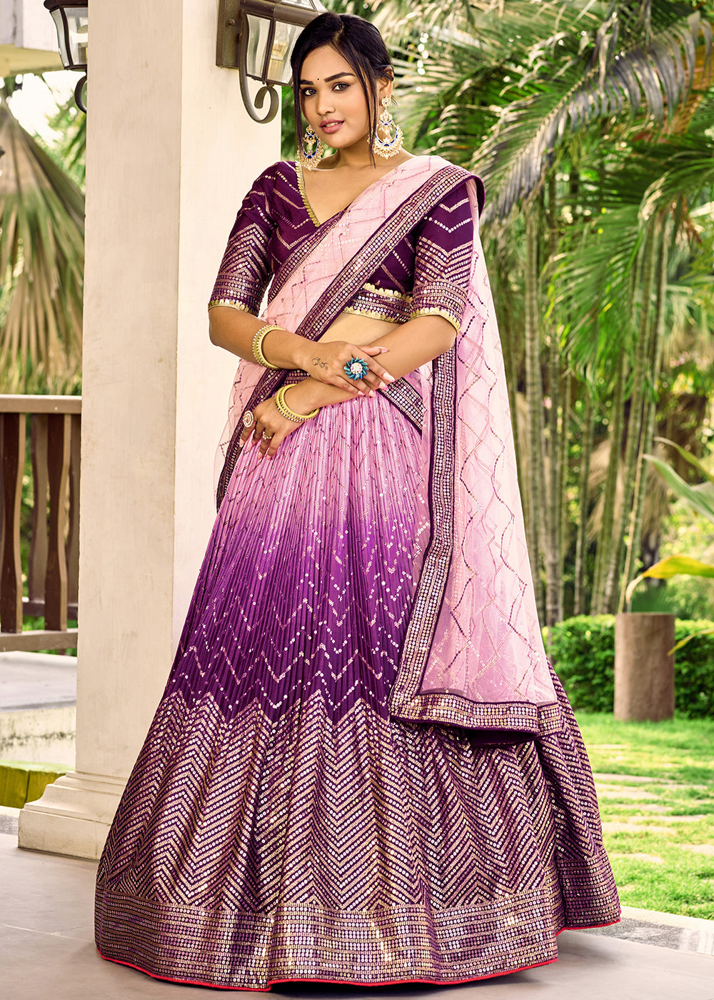 Shades Of Purple Chinon Silk Lehenga Choli with Thread Embroidery & Sequins work