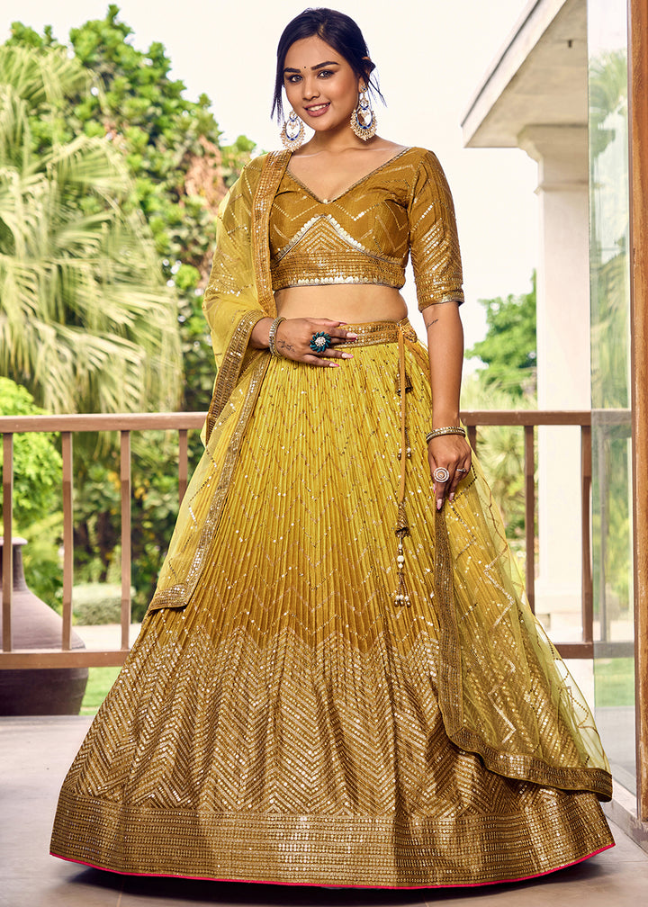 Shades Of Yellow Chinon Silk Lehenga Choli with Thread Embroidery & Sequins work