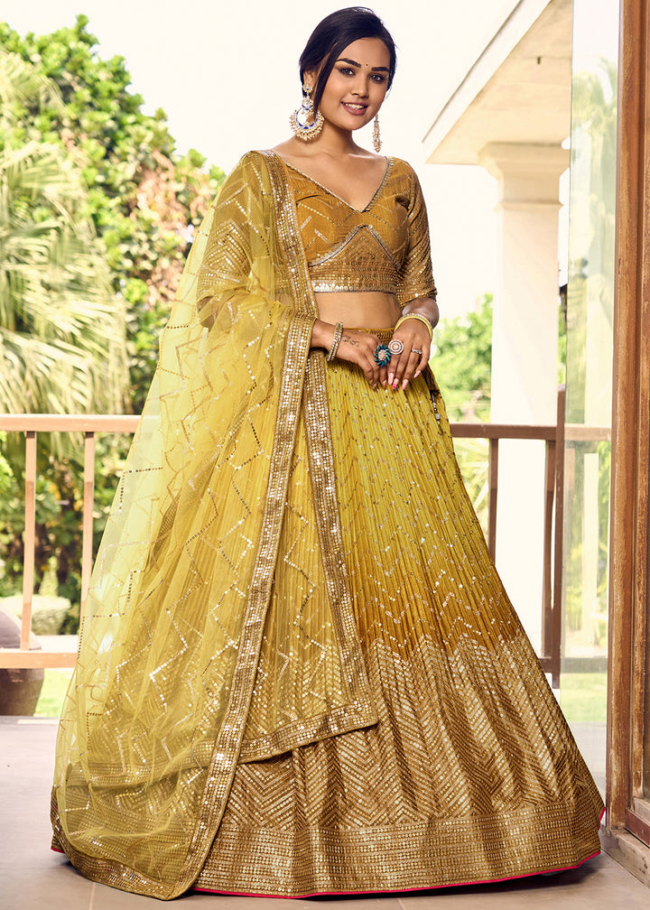 Shades Of Yellow Chinon Silk Lehenga Choli with Thread Embroidery & Sequins work