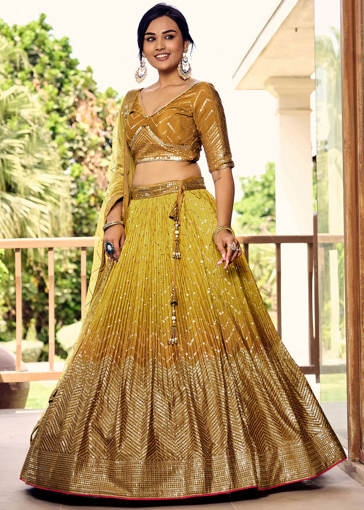 Shades Of Yellow Chinon Silk Lehenga Choli with Thread Embroidery & Sequins work