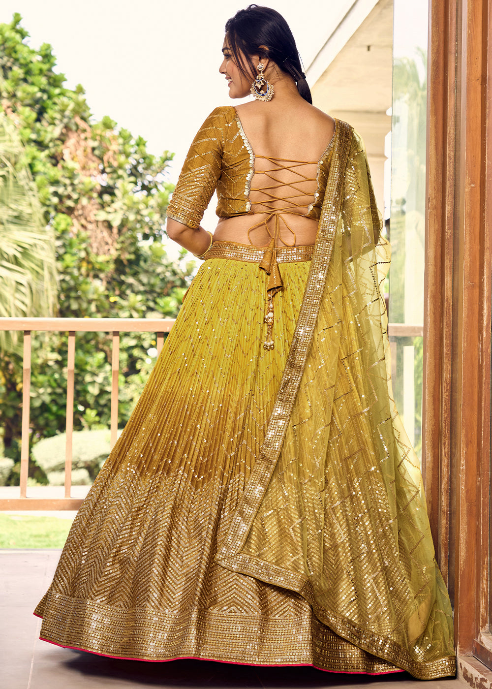 Shades Of Yellow Chinon Silk Lehenga Choli with Thread Embroidery & Sequins work