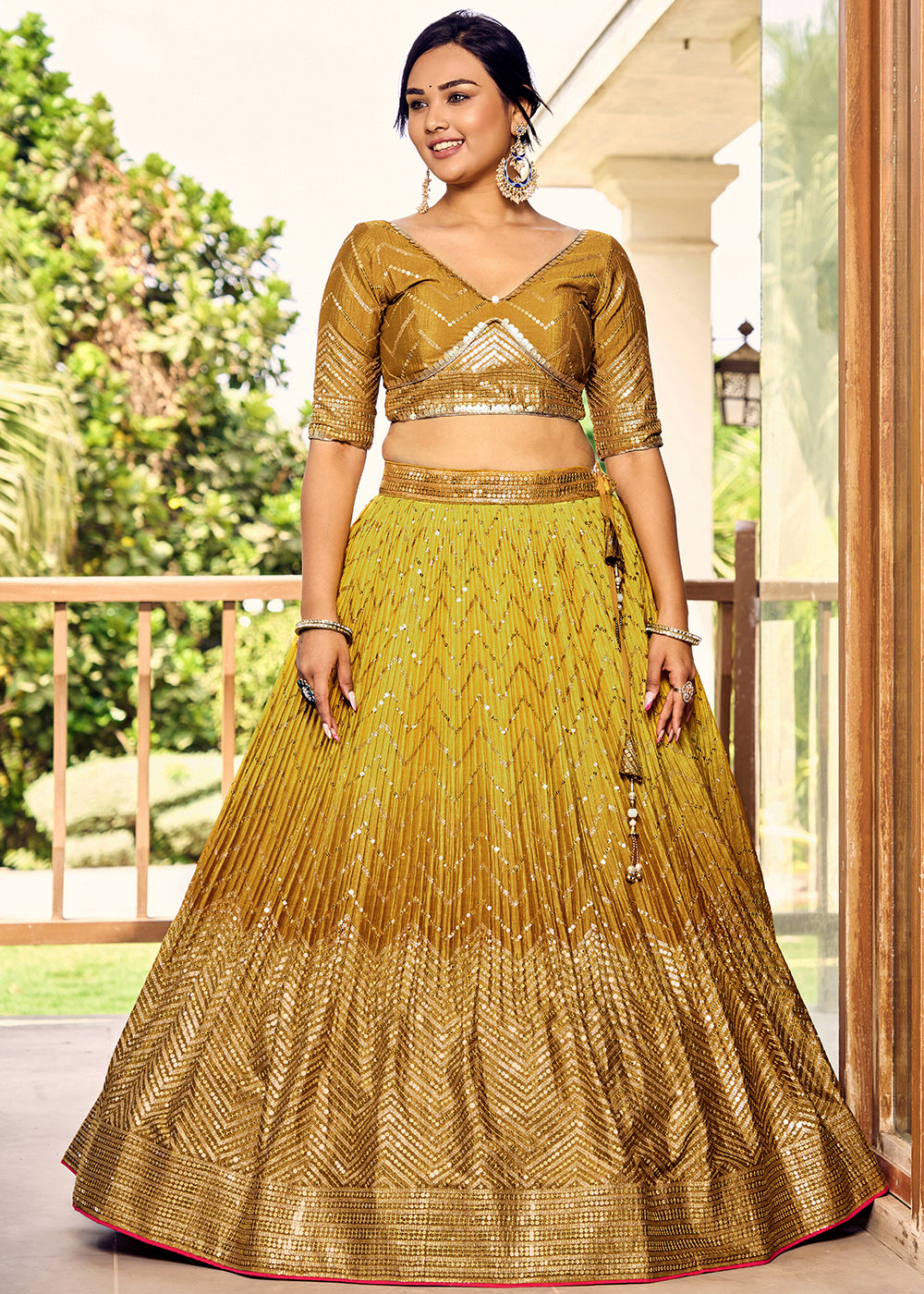 Shades Of Yellow Chinon Silk Lehenga Choli with Thread Embroidery & Sequins work