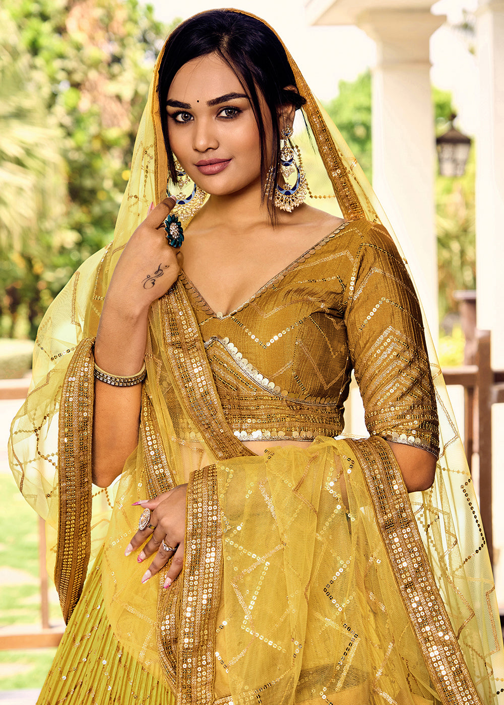 Shades Of Yellow Chinon Silk Lehenga Choli with Thread Embroidery & Sequins work