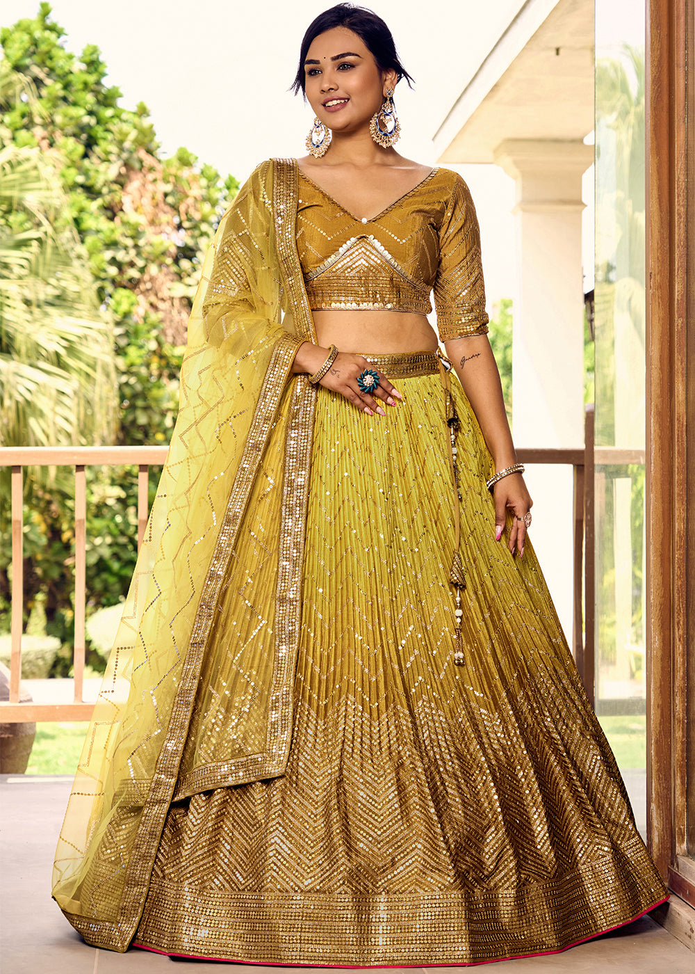 Shades Of Yellow Chinon Silk Lehenga Choli with Thread Embroidery & Sequins work