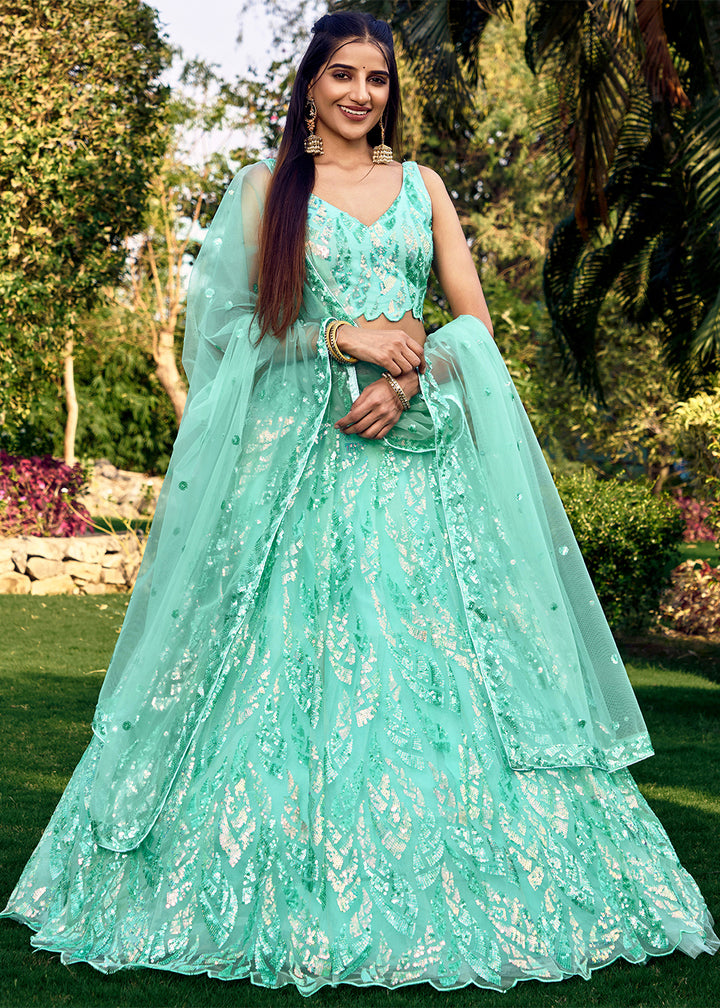 Mint Blue Soft Net Lehenga Choli having Sequins & Thread Embroidery work