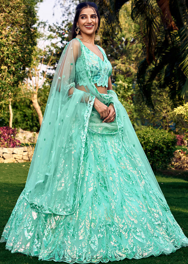 Mint Blue Soft Net Lehenga Choli having Sequins & Thread Embroidery work