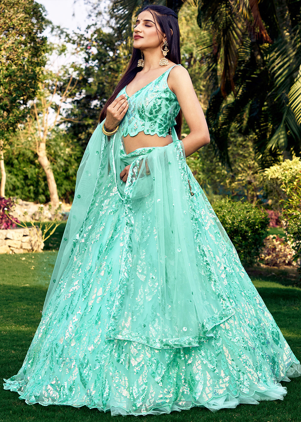 Mint Blue Soft Net Lehenga Choli having Sequins & Thread Embroidery work