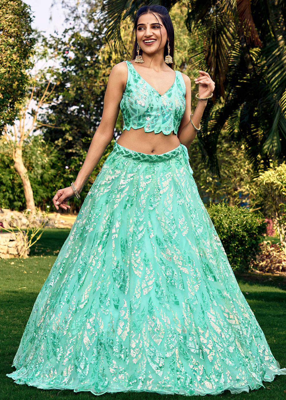 Mint Blue Soft Net Lehenga Choli having Sequins & Thread Embroidery work