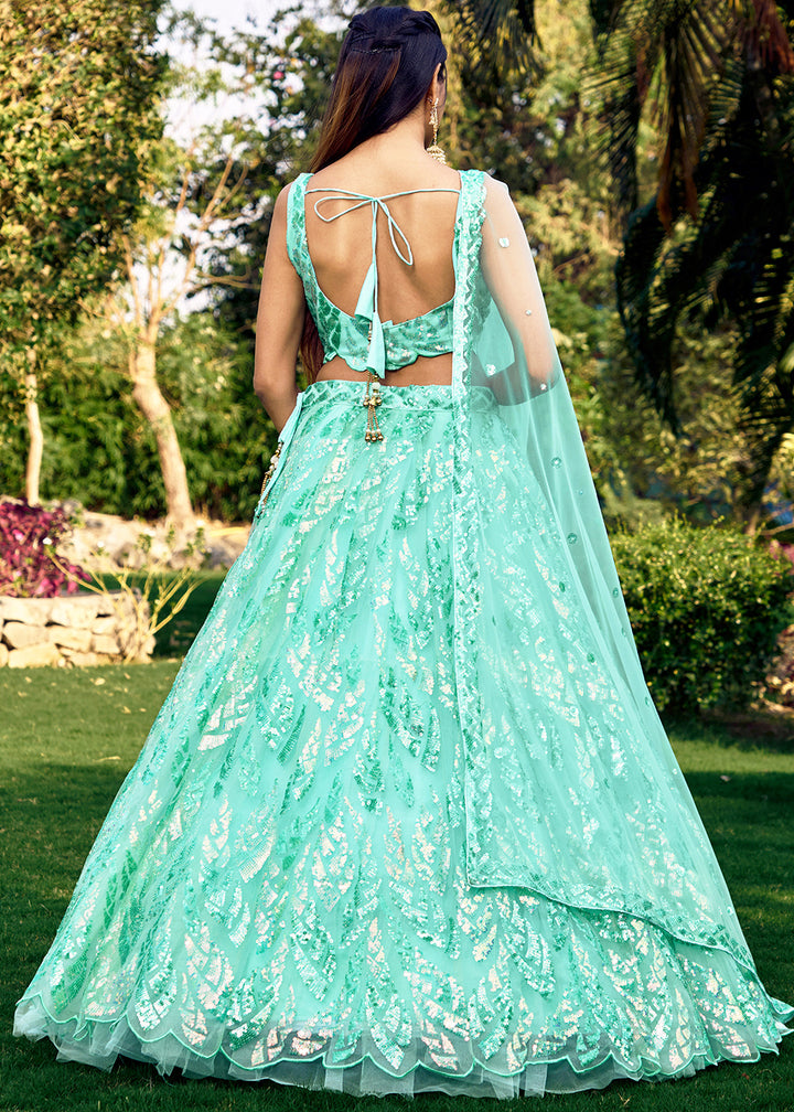 Mint Blue Soft Net Lehenga Choli having Sequins & Thread Embroidery work