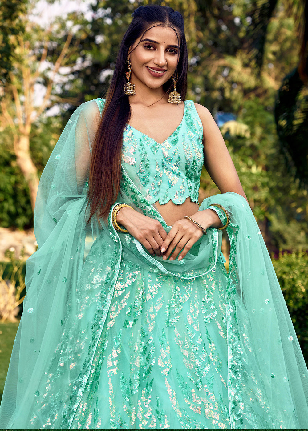 Mint Blue Soft Net Lehenga Choli having Sequins & Thread Embroidery work