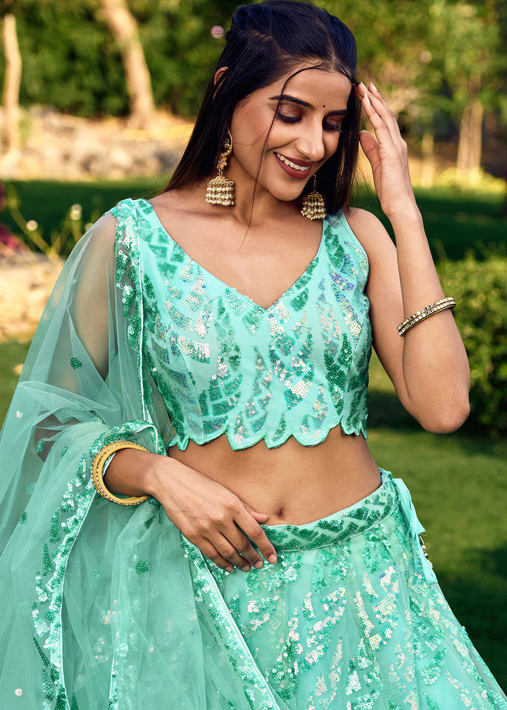 Mint Blue Soft Net Lehenga Choli having Sequins & Thread Embroidery work