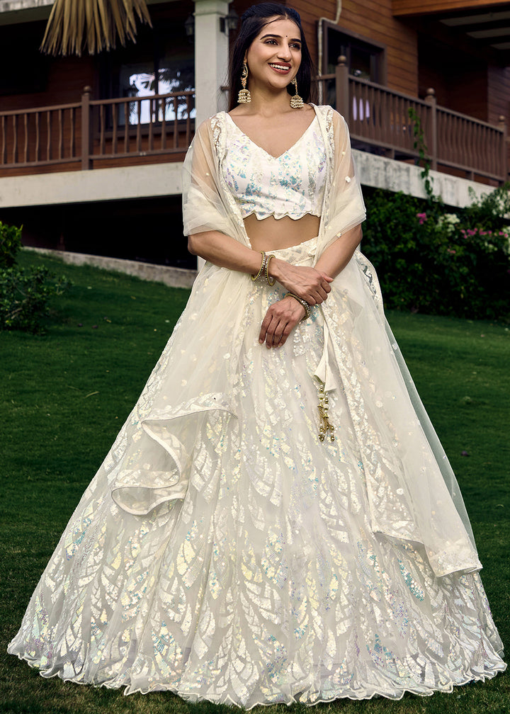 Pearl White Soft Net Lehenga Choli having Sequins & Thread Embroidery work