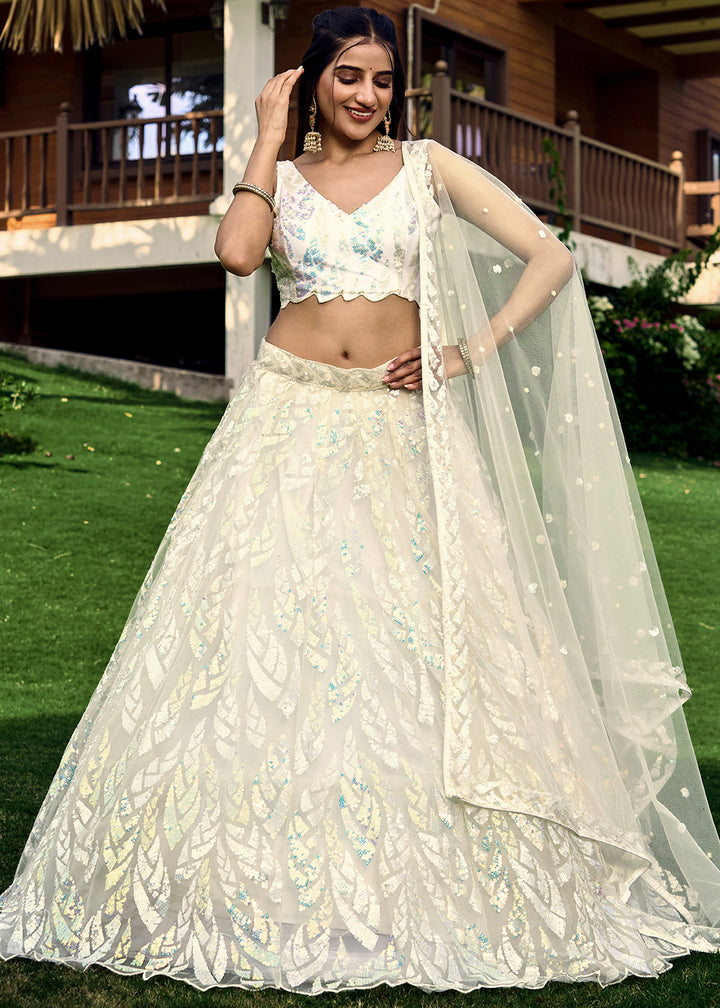 Pearl White Soft Net Lehenga Choli having Sequins & Thread Embroidery work