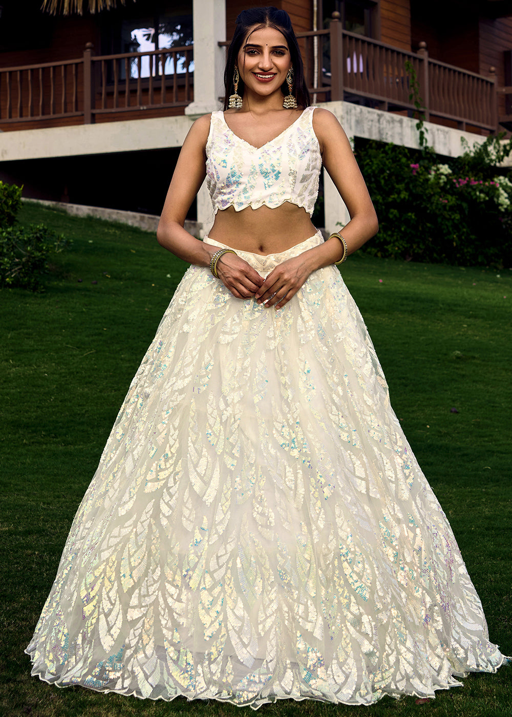 Pearl White Soft Net Lehenga Choli having Sequins & Thread Embroidery work