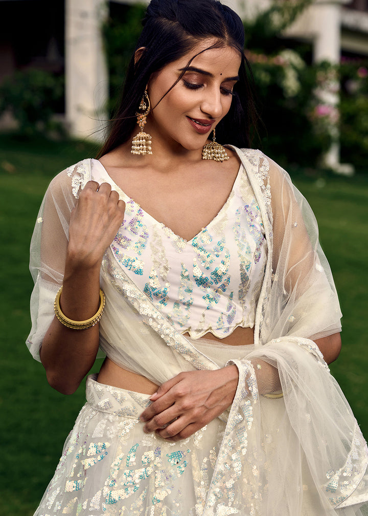 Pearl White Soft Net Lehenga Choli having Sequins & Thread Embroidery work