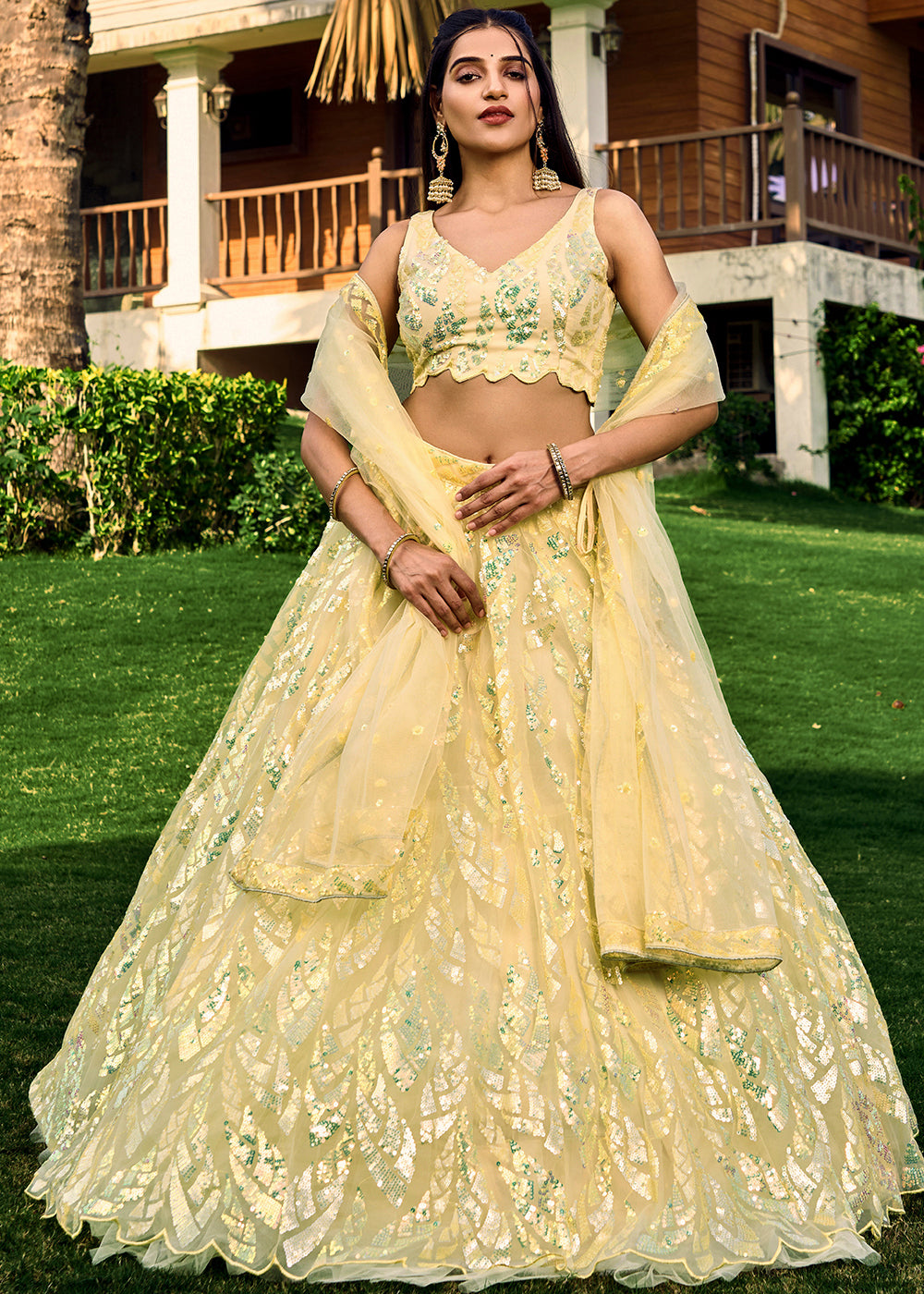 Light Yellow Soft Net Lehenga Choli having Sequins & Thread Embroidery work