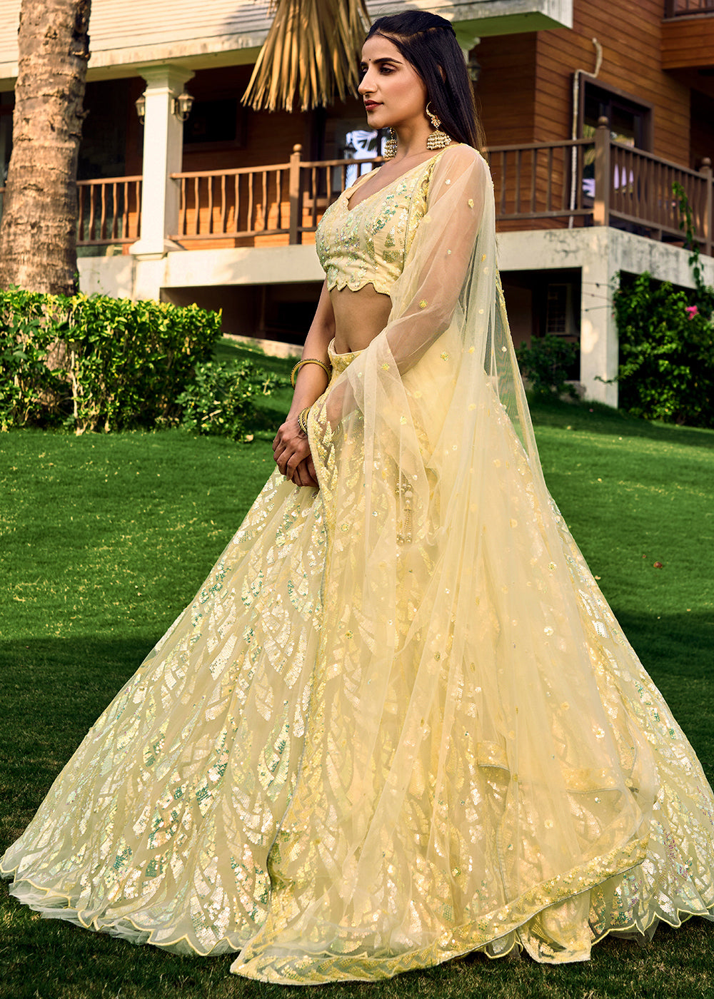 Light Yellow Soft Net Lehenga Choli having Sequins & Thread Embroidery work