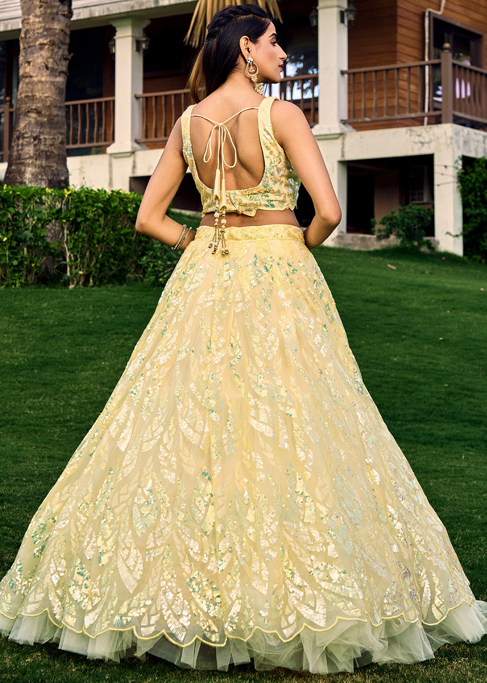 Light Yellow Soft Net Lehenga Choli having Sequins & Thread Embroidery work