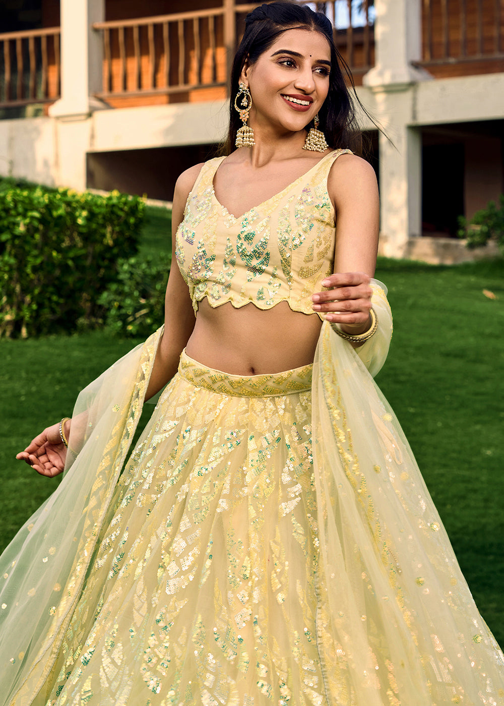 Light Yellow Soft Net Lehenga Choli having Sequins & Thread Embroidery work