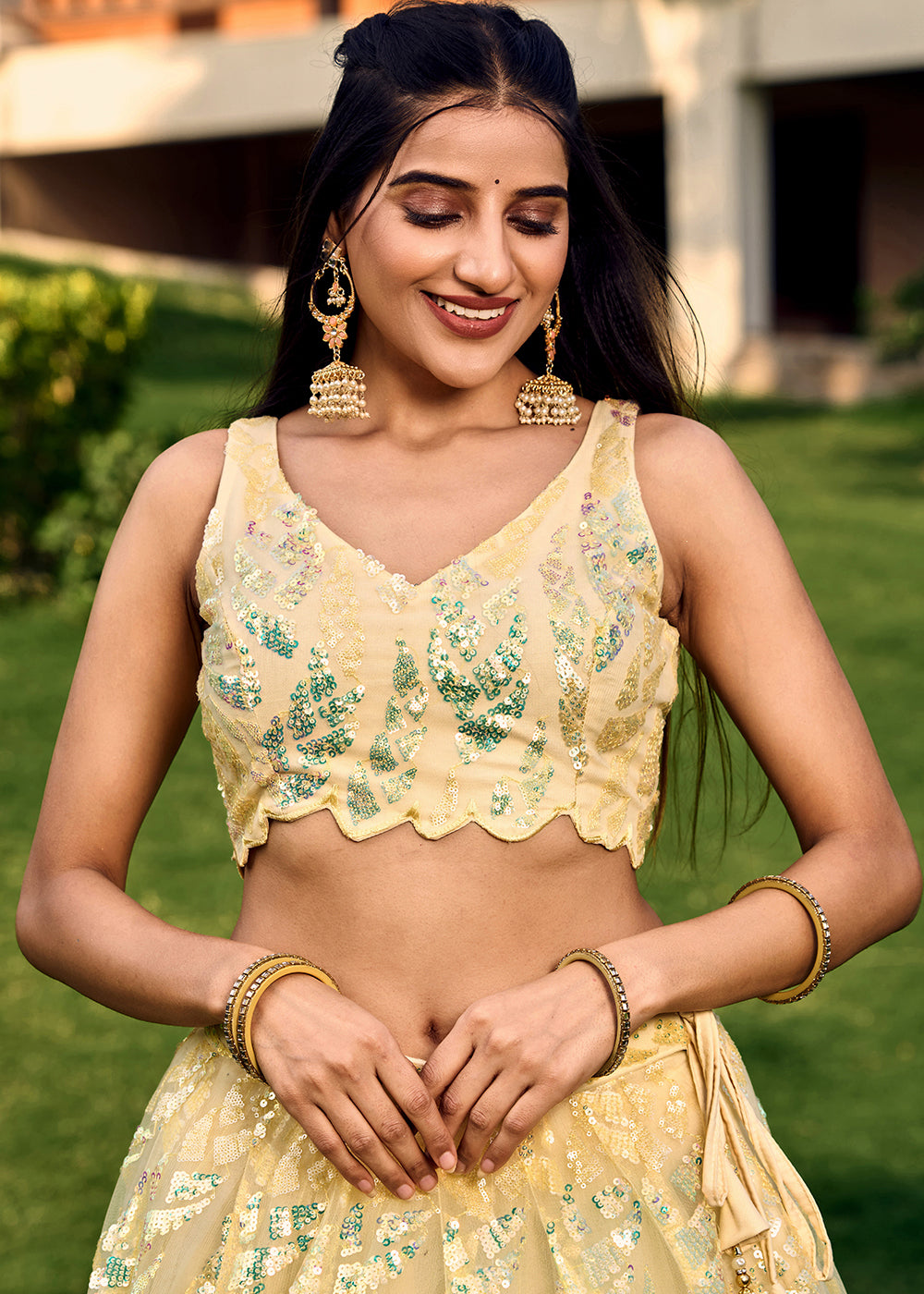 Light Yellow Soft Net Lehenga Choli having Sequins & Thread Embroidery work