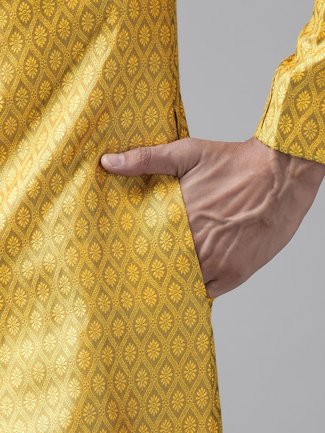 Sarvati Men's Mustard Yellow And Coffee Silk Blend Sherwani Set