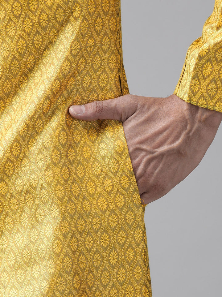 Sarvati Men's Mustard Yellow And Coffee Silk Blend Sherwani Set